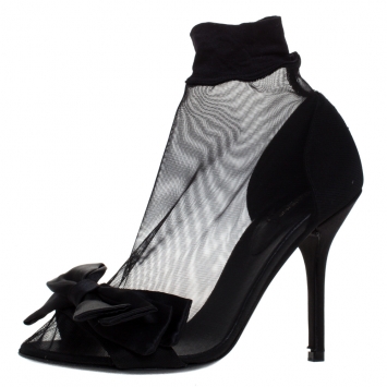 Pre Owned Dolce & Gabbana Black Stretch Tulle Bow Sock Boots Size 37