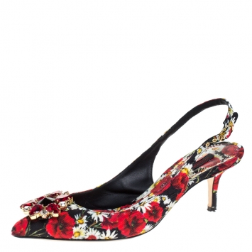 Pre Owned Dolce & Gabbana Multicolor Brocade Floral Fabric Crystal Embellished Slingback Sandals Size 39.5