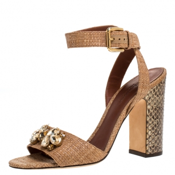 Pre Owned Dolce & Gabbana Beige Jeweled Raffia & Snakeskin Sandals Size 40