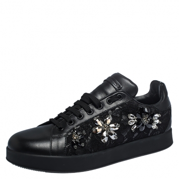 Pre Owned Dolce and Gabbana Black Leather And Lace Crystal Embellished Low Top Sneakers Size 40
