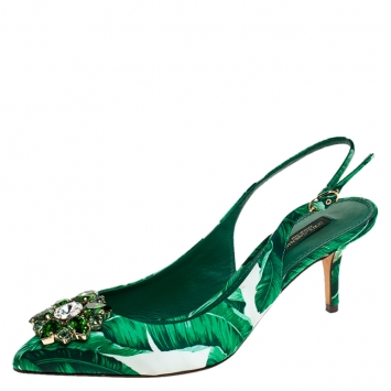 Pre Owned Dolce & Gabbana Green/White Banana Leaf-Print Fabric Crystal Embellished Slingback Sandals Size 39