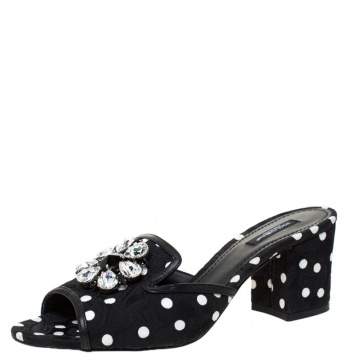 Pre Owned Dolce & Gabbana Black/White Polka Dot Fabric Crystal Embellished Sandals Size 40