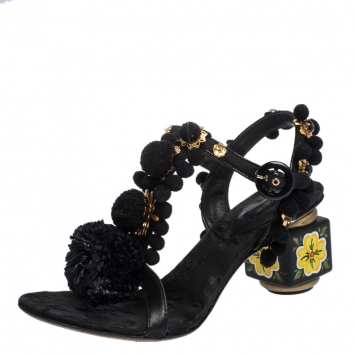 Pre Owned Dolce & Gabbana Black Leather and Fabric Pom Pom Embellished T-Strap Sandals Size 39
