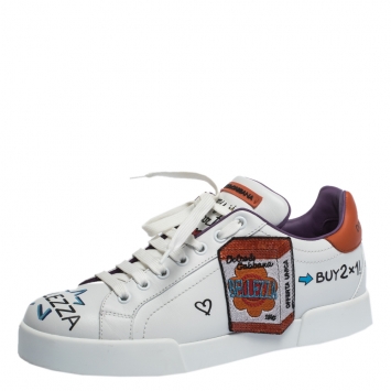 Pre Owned Dolce & Gabbana White Graffiti and Patches Leather Low Top Sneakers Size 39