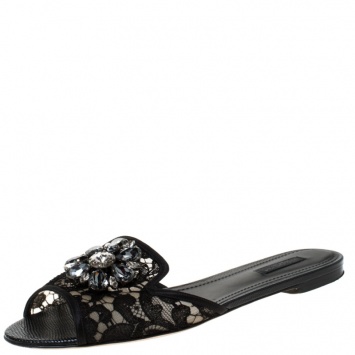 Pre Owned Dolce and Gabbana Black Lace Sofia Crystal Embellished Slides Size 40.5