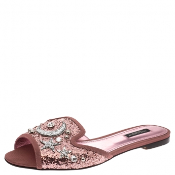Pre Owned Dolce & Gabbana Metallic Pink/Silver Coarse Glitter Moon And Star Sofia Slides Size 37.5