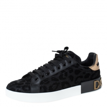 Pre Owned Dolce & Gabbana Black Leopard Print Fabric And Leather Portofino Low Top Sneakers Size 38.5