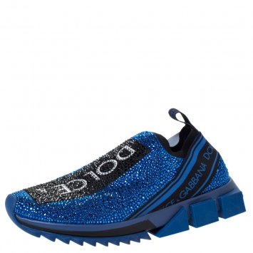Pre Owned Dolce & Gabbana Blue Fabric Crystal Embellished Sorrento Slip On Sneakers Size 41