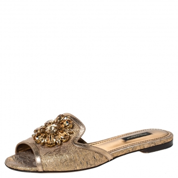 Pre Owned Dolce & Gabbana Metallic Gold Brocade Fabric Sofia Crystal Embellished Flat Slides Size 36