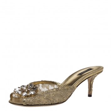 Pre Owned Dolce & Gabbana Metallic Gold Lace And Leather Crystal Embellished Slide Sandals Size 40