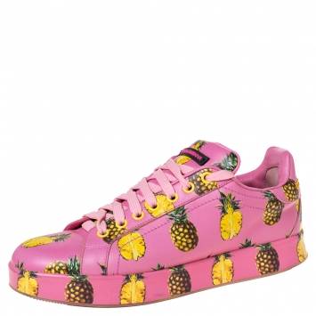 Pre Owned Dolce and Gabbana Pink Leather Pineapple Print Low Top Sneakers Size 38