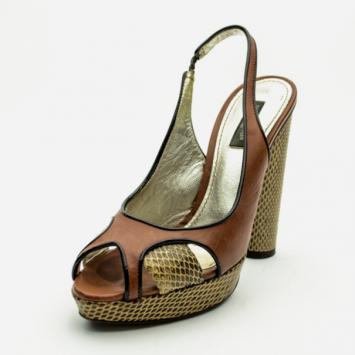 Pre Owned Dolce and Gabbana Brown Python Embossed Leather Peep Toe Slingback Sandals Size 37