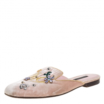 Pre Owned Dolce & Gabbana Blush Pink Velvet Floral Embellished Slide Mules Size 36.5