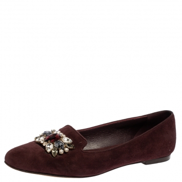Pre Owned Dolce & Gabbana Burgundy Suede Crystal Embellished Ballet Flats Size 37.5