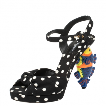Pre Owned  Dolce and Gabbana Black Polka Dot Fabric Fish Heel Ankle Strap Sandals Size 40