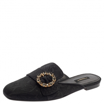 Pre Owned Dolce and Gabbana Black Brocade Jackie Crystal Embellished Flat Mules Size 39