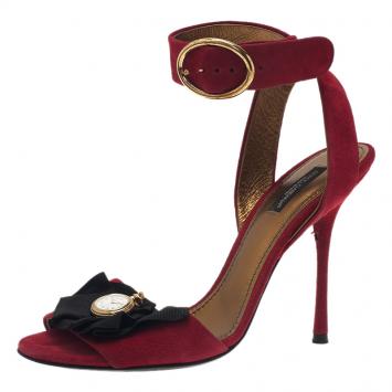 Pre Owned Dolce and Gabbana Red Suede Watch Embellished Criss Cross Strap Sandals Size 39