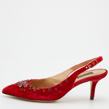 Pre Owned Dolce & Gabbana Red Velvet Crystal Embellished Pointed Toe Slingback Pumps Size 38