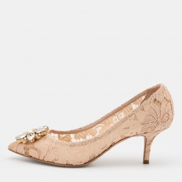Pre Owned Dolce & Gabbana Beige Lace Bellucci Embellished Pumps Size 37