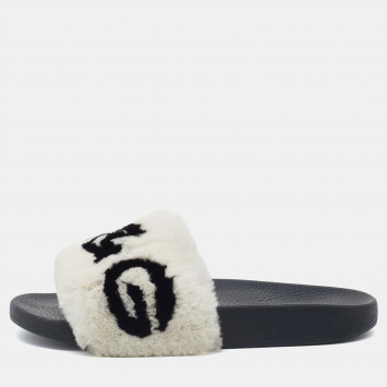 مملوكة مسبقًا Dolce & Gabbana White/Black D&G Print Fur Flat Slides Size 38