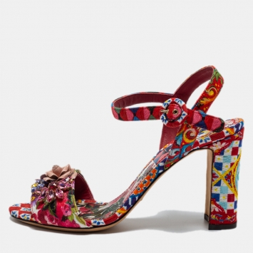 Pre Owned Dolce & Gabbana Multicolor Printed Fabric Crystal Embellished Ankle Strap Sandals Size 39.5
