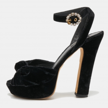 Pre Owned Dolce & Gabbana Black Knotted Velvet Platform Ankle Strap Sandals Size 39