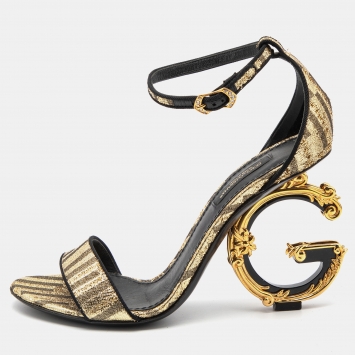 Pre Owned Dolce & Gabbana Gold Lurex Fabric Keira DG Heel Ankle Strap Sandals Size 36