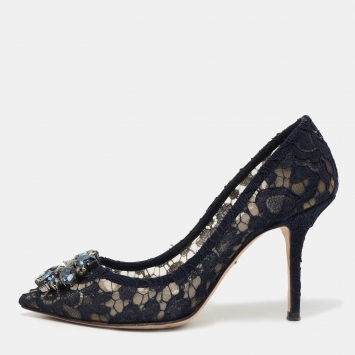 Pre Owned Dolce & Gabbana Navy Blue Lace Bellucci Pumps Size 37