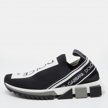 Pre Owned Dolce & Gabbana Black/White Knit Fabric Sorrento Slip On Sneakers Size 38