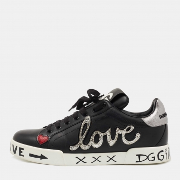 Pre Owned Dolce & Gabbana Black Leather Portofino Love Patch Low Top Sneakers Size 40