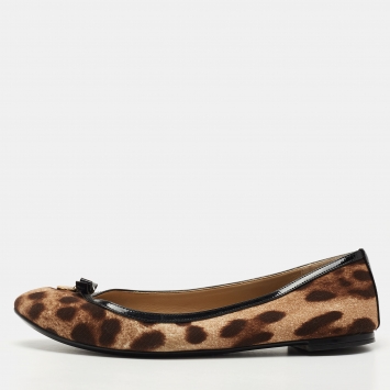 Pre Owned Dolce & Gabbana Brown/Black Leopard Print Coated Canvas and Patent Ballet Flats Size 40