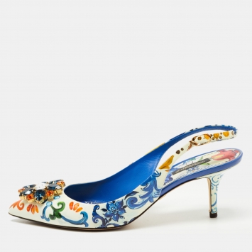 Pre Owned Dolce & Gabbana Multicolor Printed Patent Leather Crystal Embellished Slingback Pumps Size 39