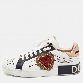 Pre Owned Dolce & Gabbana White Printed Leather Heart Embroidered Portofino Sneakers Size 40.5