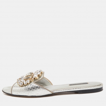 Pre Owned Dolce & Gabbana Silver Crystal Embellished Snakeskin Embossed Leather Bianca Flat Slides Size 37