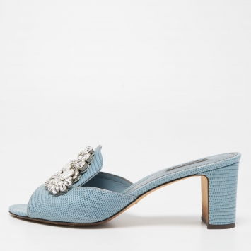Pre Owned Dolce & Gabbana Light Blue Lizard Embossed Leather Crystal Embellished Slide Sandals Size 41