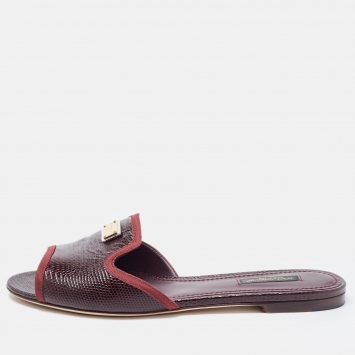 Pre Owned Dolce & Gabbana Burgundy Lizard Embossed Leather Sofia Flat Slides Size 38