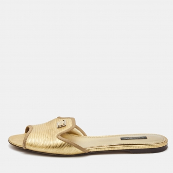 Pre Owned Dolce & Gabbana Gold Lizard Embossed Leather Flat Slides Size 40