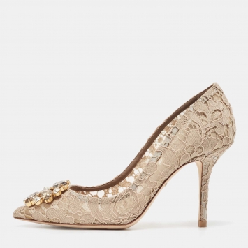 Pre Owned Dolce & Gabbana Beige Lace Crystal Embellished Bellucci Pumps Size 38