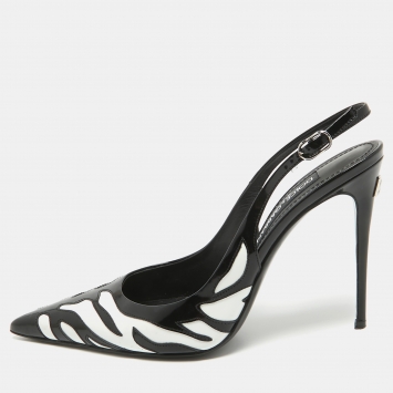 Pre Owned Dolce & Gabbana Black/White Patent Leather Pointed Toe Slingback Pumps Size 39.5