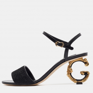 Pre Owned Dolce & Gabbana Black Leather and Lurex Keira DG Baroque Sandals Size 41