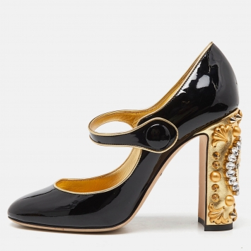 Pre Owned Dolce & Gabbana Black Patent Leather Crystal Embellished Block Heel Mary Jane Pumps Size 39