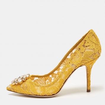 Pre Owned Dolce & Gabbana Yellow Lace and Mesh Bellucci Pumps Size 38