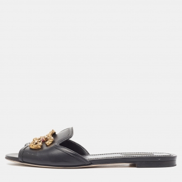 Pre Owned Dolce & Gabbana Black Leather DG Amore Flat Sandals Size 38