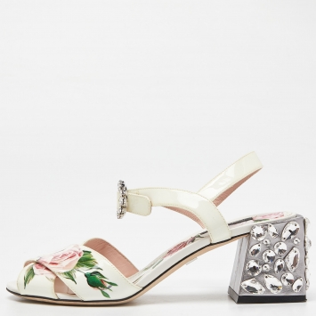 Pre Owned Dolce & Gabbana Multicolor Floral Print Patent Leather Block Heel Sandals Size 37.5