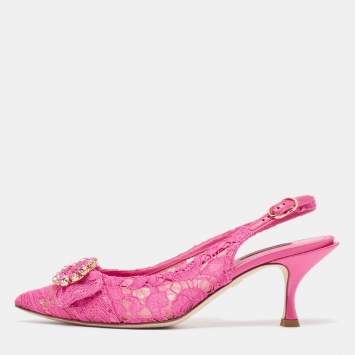 Pre Owned Dolce & Gabbana Pink Lace and Mesh Bellucci Slingback Pumps Size 38.5