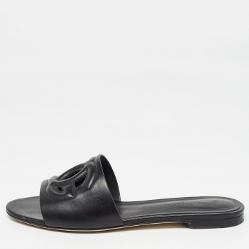 Pre Owned Dolce & Gabbana Black Leather DG Millennials Flat Slides Size 38