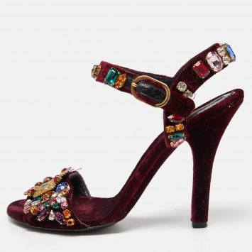 Pre Owned Dolce & Gabbana Burgundy Velvet Crystal Embellished Ankle Strap Sandals Size 41.5