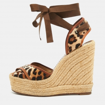Pre Owned Dolce & Gabbana Brown/Beige Leopard Calf Hair and Leather Ankle Wrap Espadrille Size 37