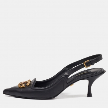 Pre Owned Dolce & Gabbana Black Leather DG Amore Slingback Pumps Size 40.5