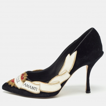 Pre Owned Dolce & Gabbana Black Velvet Love Embellished Pointed Toe Pumps Size 38.5